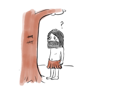 The caveman sees the numbers written on the tree and puts a question mark.