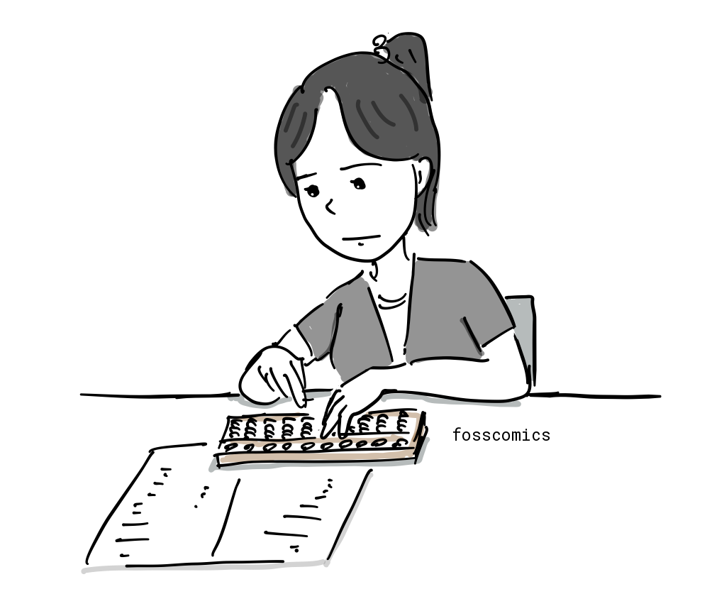 한 여성이 책상에 앉아 양손으로 주판알을 움직인다.