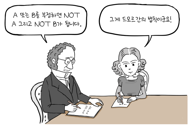 오거스터스 드모르간이 책상에서 에이다 러브레이스에게 논리 법칙을 가르친다.