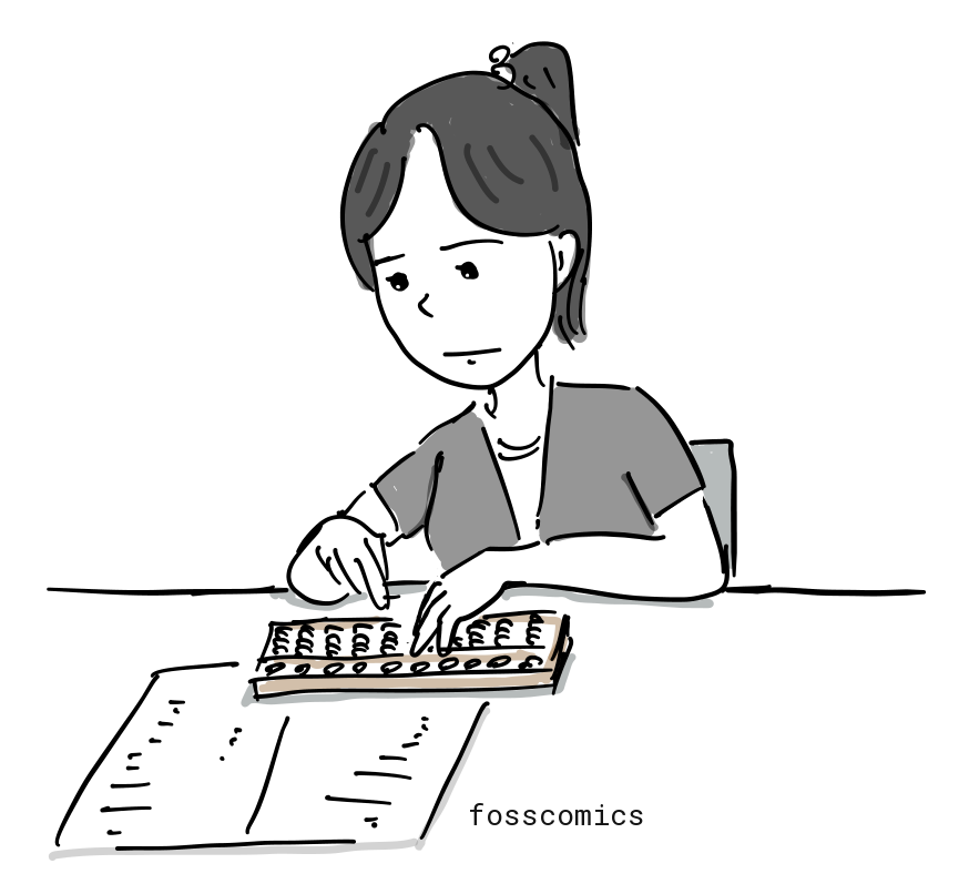 한 여성이 계산한 종이를 옆에 두고 양손으로 주판알을 움직인다.