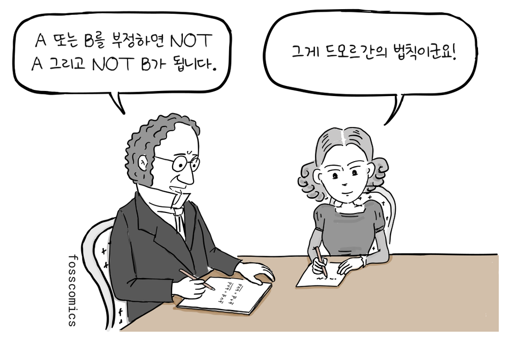 오거스터스 드모르간이 책상에서 에이다 러브레이스에게 논리 법칙을 가르친다.