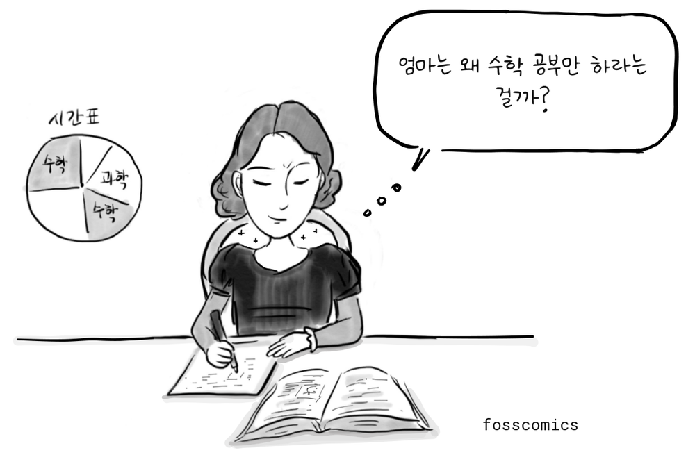 어린 에이다 러브레이스가 수학과 과학으로 채워진 학습 계획표 옆에서 책을 펼쳐 놓고 공부한다.