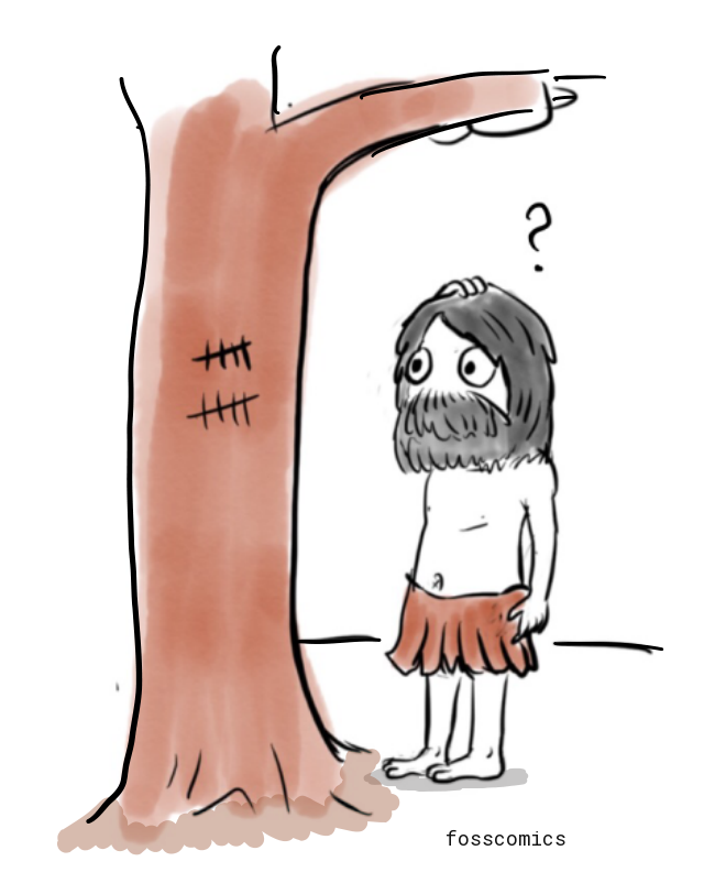 원시인이 나무줄기에 새겨진 눈금을 올려다보며 의아해한다.