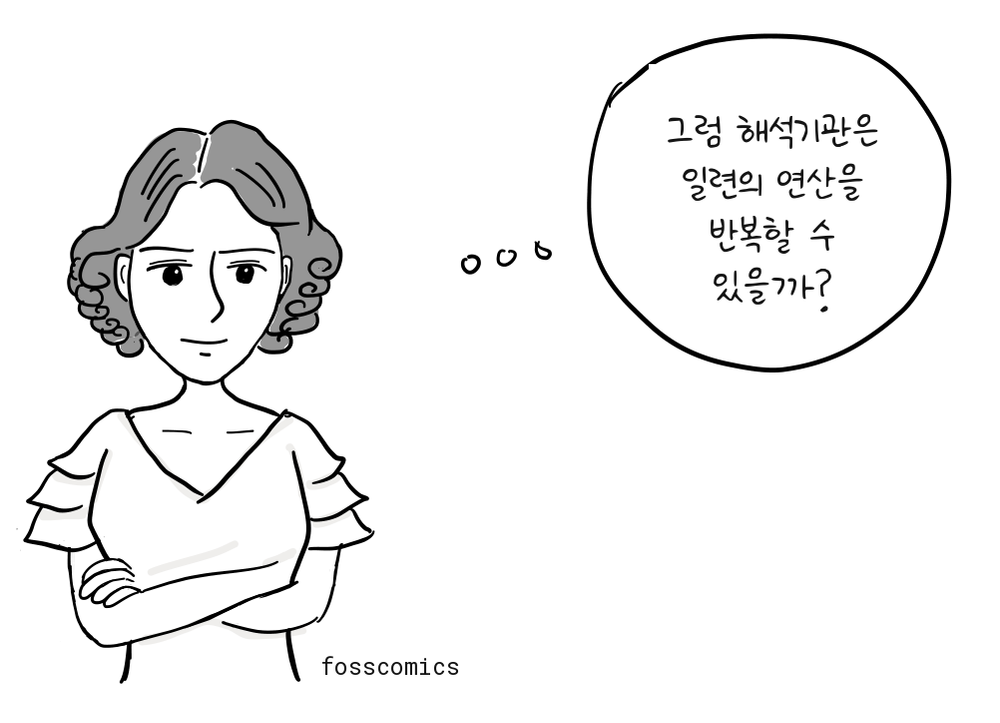 에이다 러브레이스가 팔짱을 끼고 해석기관의 작동 방식을 생각한다.