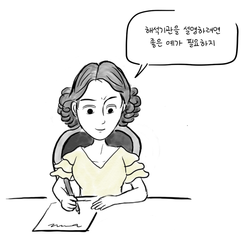 에이다 러브레이스가 책상에 앉아 해석기관에 관한 주석을 작성한다.