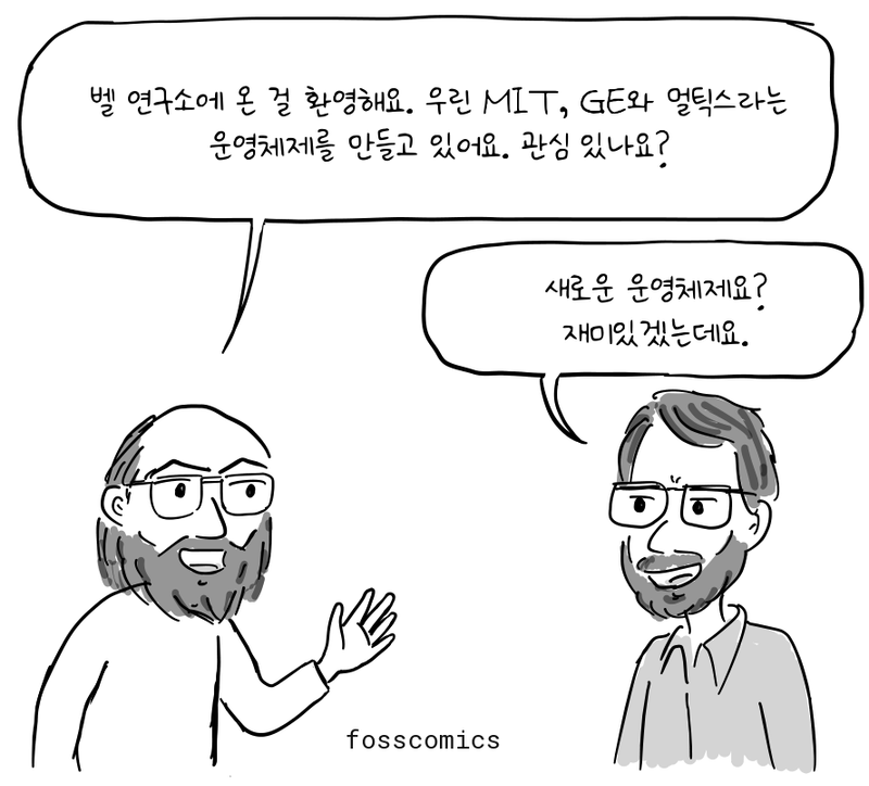 동료가 개발 중인 운영체제를 소개하자 데니스가 관심을 보인다.
