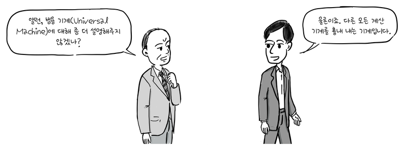 존 폰 노이만과 앨런 튜링이 서로 마주 보고 대화한다.