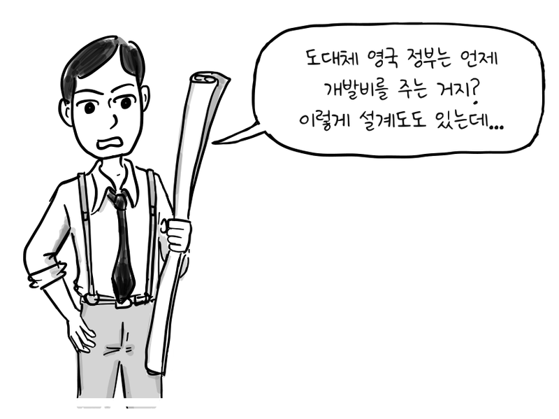 앨런 튜링이 말아 놓은 설계도를 들고 답답한 표정을 짓는다.