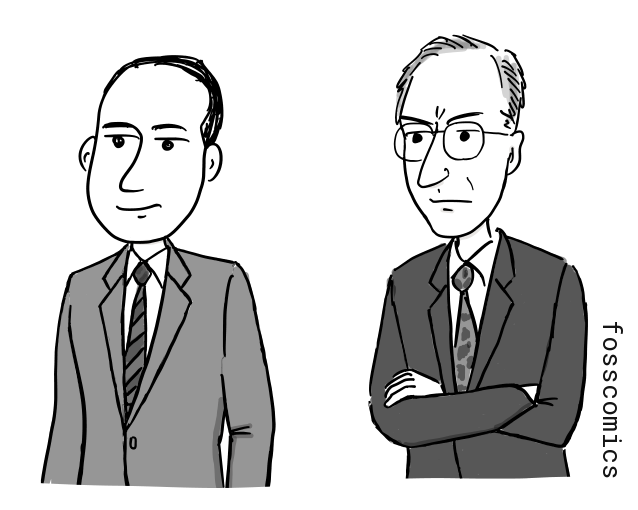 J. 프레스퍼 에커트와 존 모클리가 나란히 서 있고, 모클리는 팔짱을 끼고 있다.