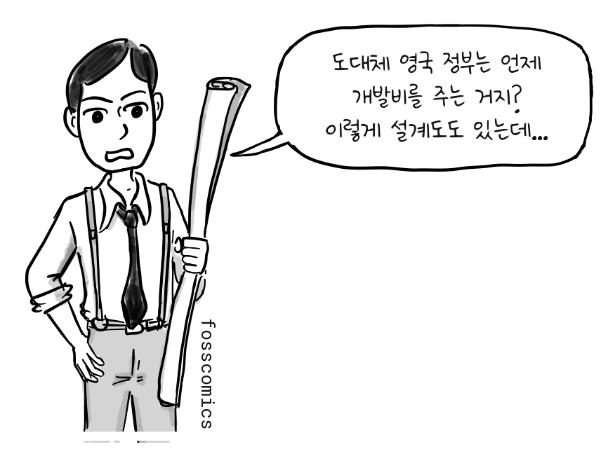 앨런 튜링이 말아 놓은 설계도를 들고 답답한 표정을 짓는다.