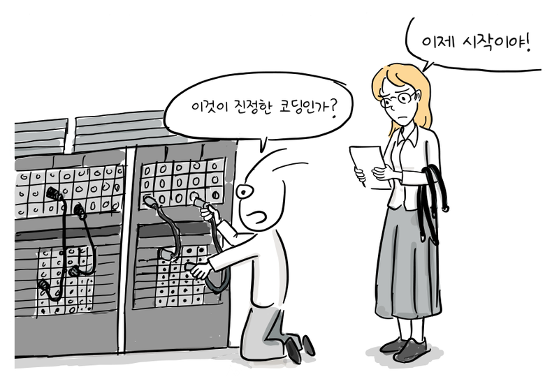 프로그래머가 에니악의 배선판에 케이블을 다시 연결하고, 옆의 동료는 메모를 확인한다.