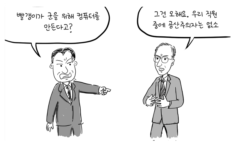 조지프 매카시 상원의원이 존 모클리를 손가락으로 가리키며 몰아세우고, 모클리는 두 손을 펴 보이며 대응하고 있다.