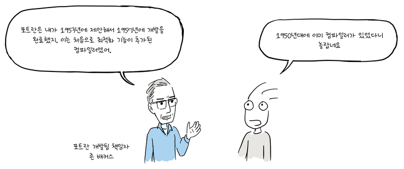 포트란 개발팀 책임자 존 배커스가 포트란을 설명하며 손짓하고, Joone은 놀란 표정으로 듣고 있다.