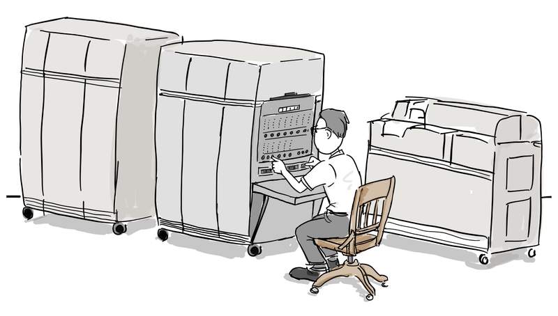 조작원이 별도의 캐비닛과 카드 장치가 딸린 IBM 650 콘솔 앞에 앉아 있다.