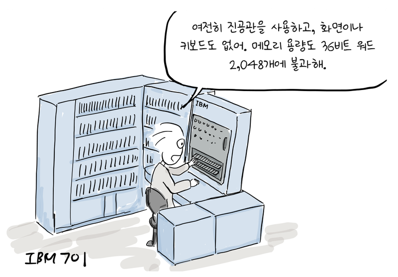 타임머신을 타고 1950년대로 온 Joone이 대형 IBM 701 컴퓨터의 콘솔을 살펴보고 있다.