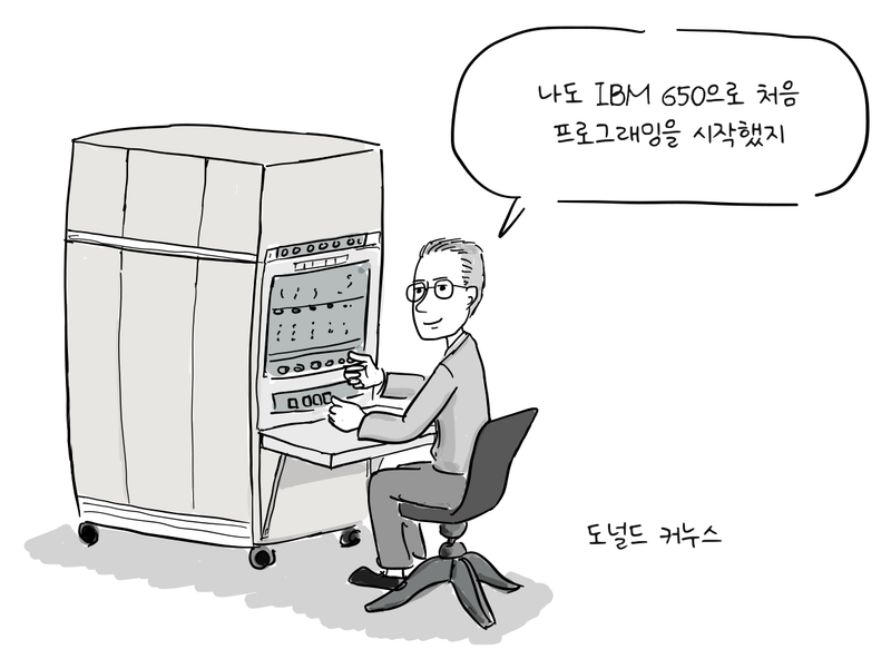 도널드 커누스가 IBM 650 컴퓨터의 제어 콘솔 앞에 앉아 있다.
