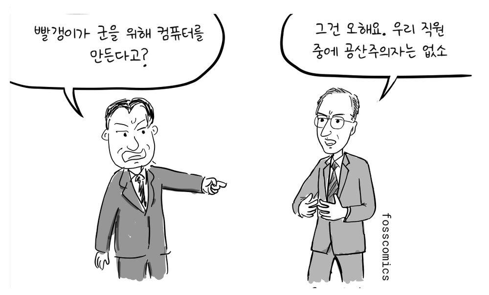 조지프 매카시 상원의원이 존 모클리를 손가락으로 가리키며 몰아세우고, 모클리는 두 손을 펴 보이며 대응하고 있다.