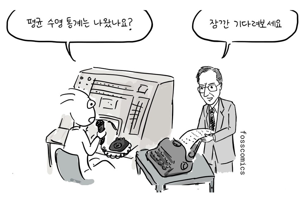 미래에서 온 Joone가 전화로 이야기하고, 다른 직원은 유니박 콘솔 옆에서 출력을 살펴보고 있다.