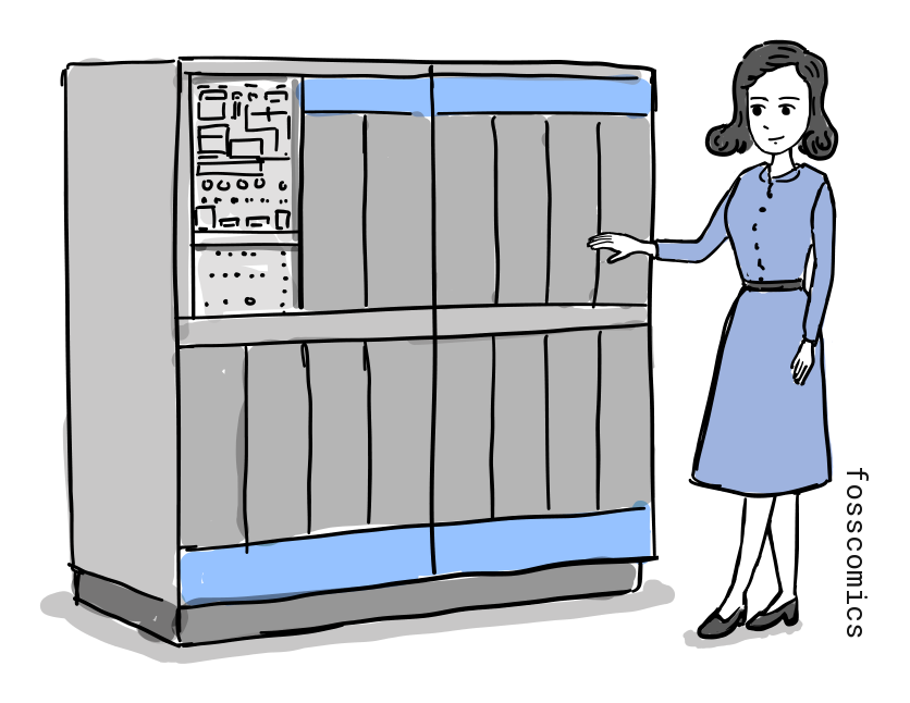여성이 IBM 1401 메인프레임 옆에 서 있다.