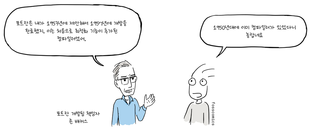포트란 개발팀 책임자 존 배커스가 포트란을 설명하며 손짓하고, Joone은 놀란 표정으로 듣고 있다.