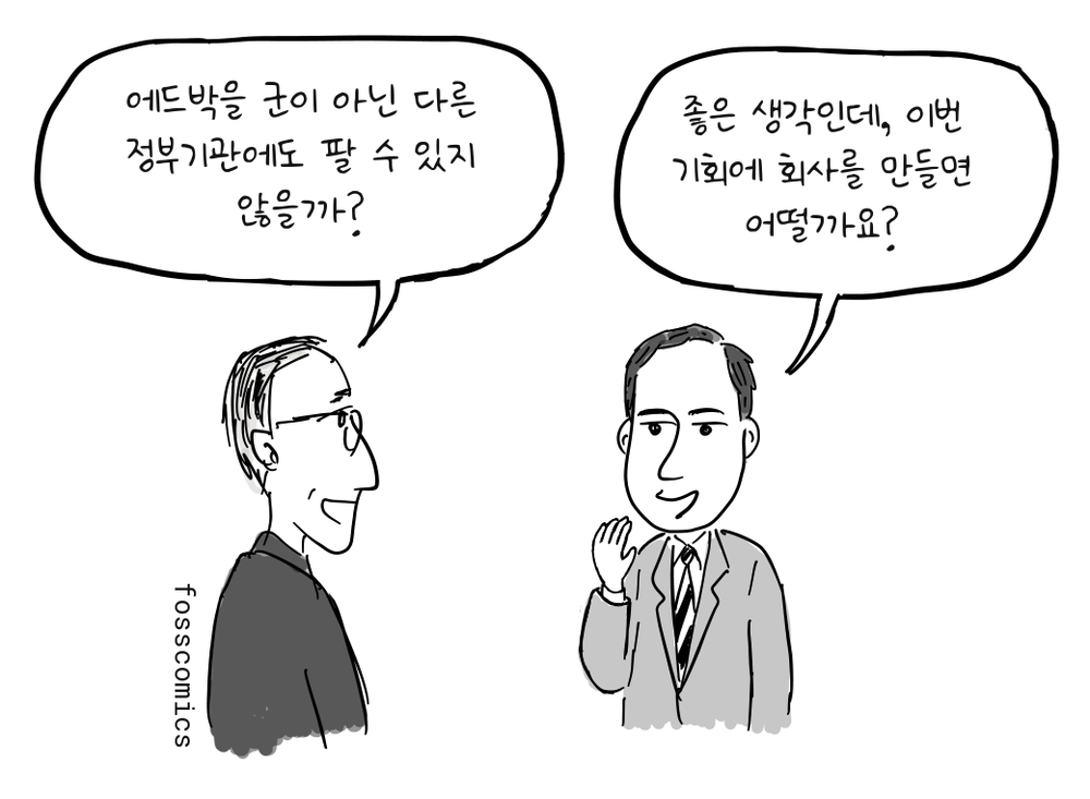 존 모클리와 J. 프레스퍼 에커트가 서로 마주 보고 있으며, 에커트가 손짓하고 있다.