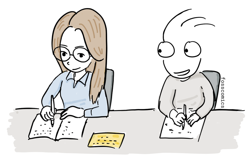 주인공이 옆 사람을 곁눈질하며 천공카드로 옮기기 전의 손글씨 코드를 몰래 베껴 쓴다.