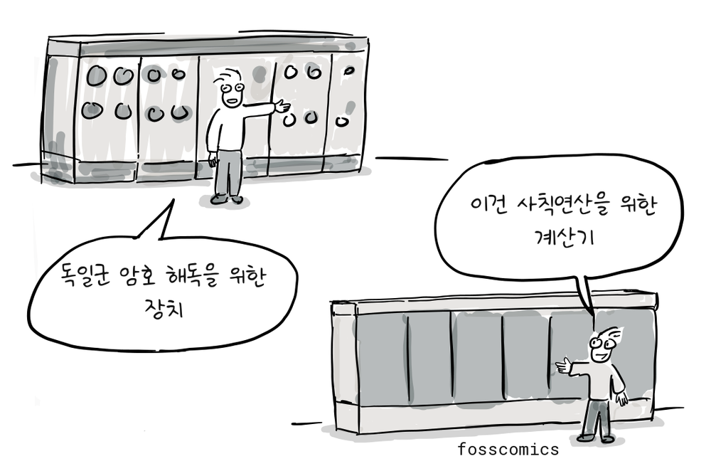 두 기술자가 서로 다른 대형 계산 장치의 제어판을 가리킨다.