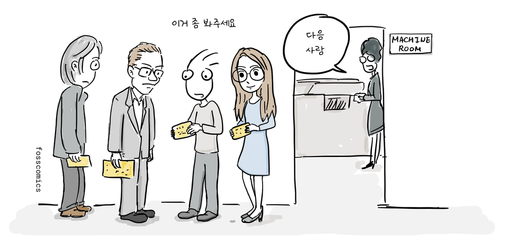 네 명의 프로그래머가 천공카드를 들고 전산실 창구에 줄을 서고, 오퍼레이터가 작업을 접수한다.