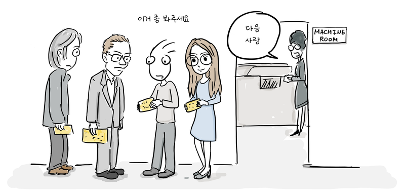 네 명의 프로그래머가 천공카드를 들고 전산실 창구에 줄을 서고, 오퍼레이터가 작업을 접수한다.