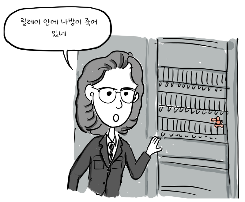 그레이스 호퍼가 하버드 Mark II의 릴레이 사이에 끼인 나방을 가리킨다.
