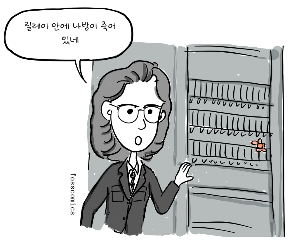 그레이스 호퍼가 하버드 Mark II의 릴레이 사이에 끼인 나방을 가리킨다.