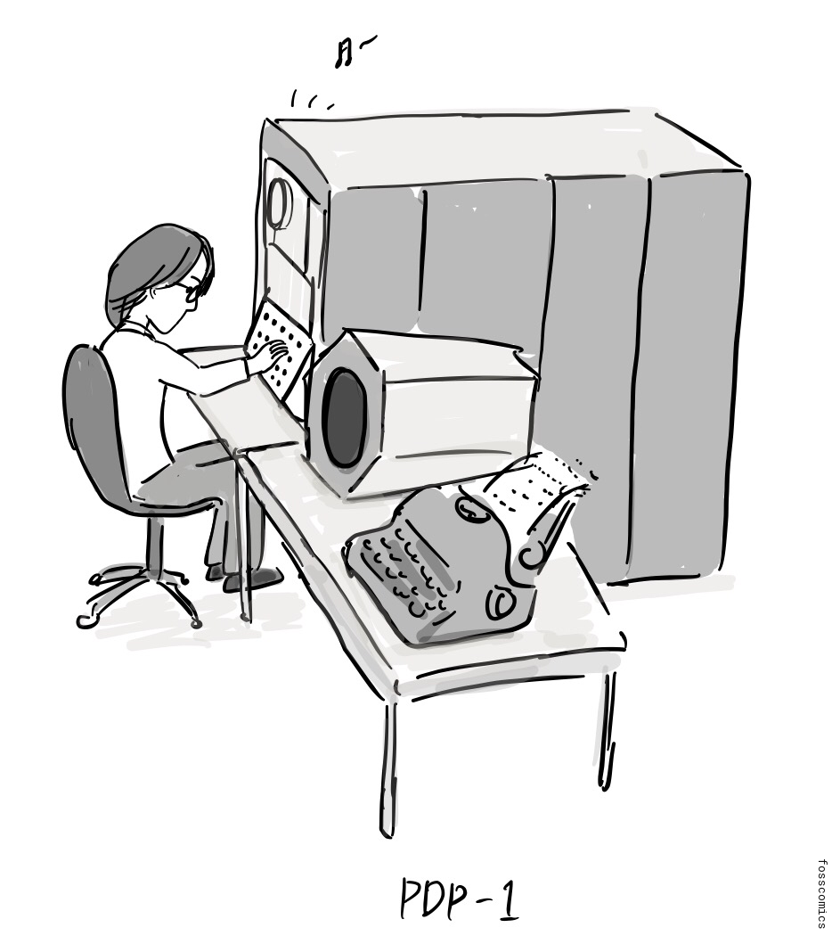 한 프로그래머가 PDP-1 콘솔을 조작하고, 옆의 종이테이프 판독기와 타자기 위로 음표가 떠오른다.