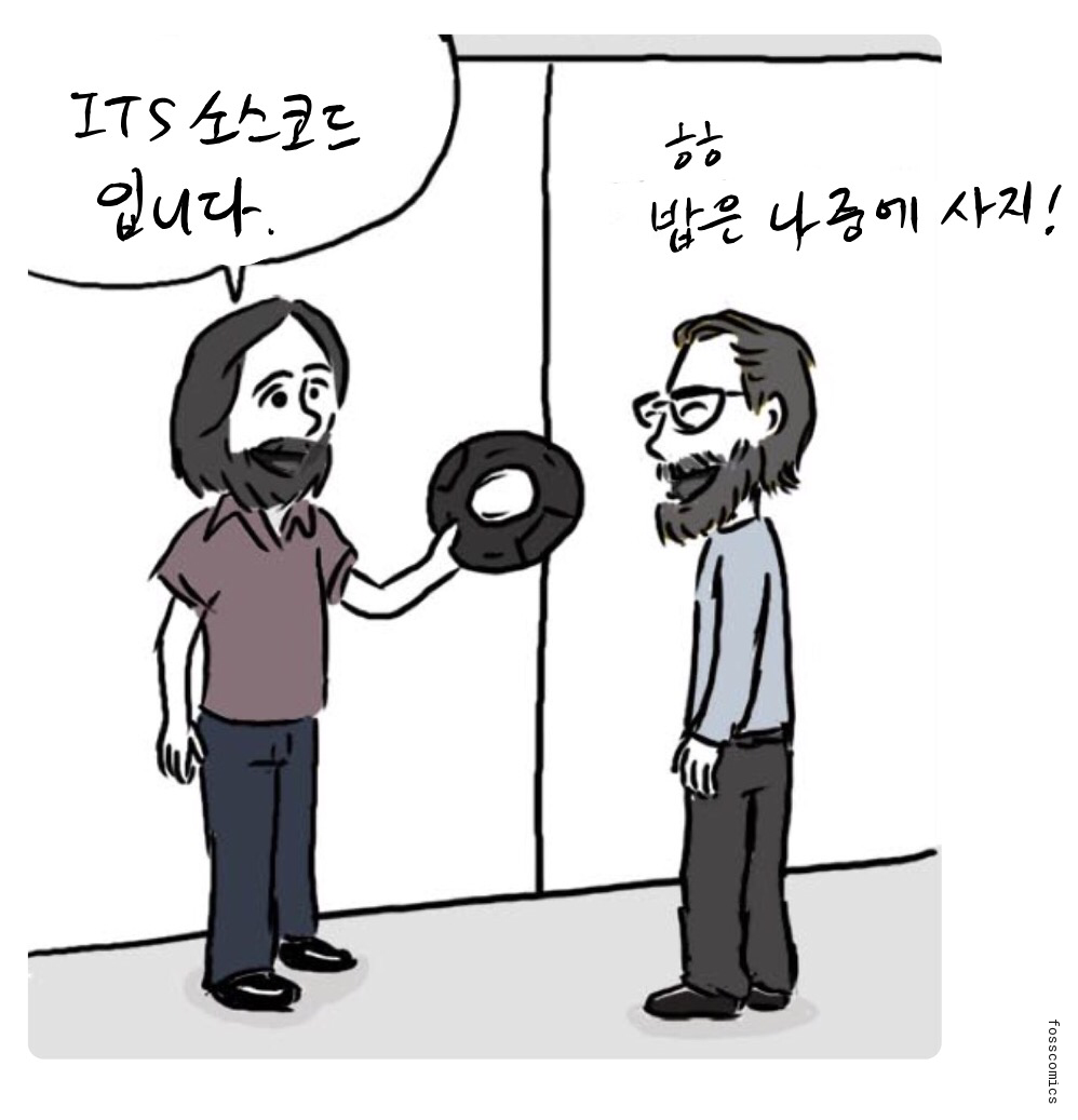 한 프로그래머가 ITS 소스 코드가 담긴 릴을 다른 프로그래머에게 건넨다.