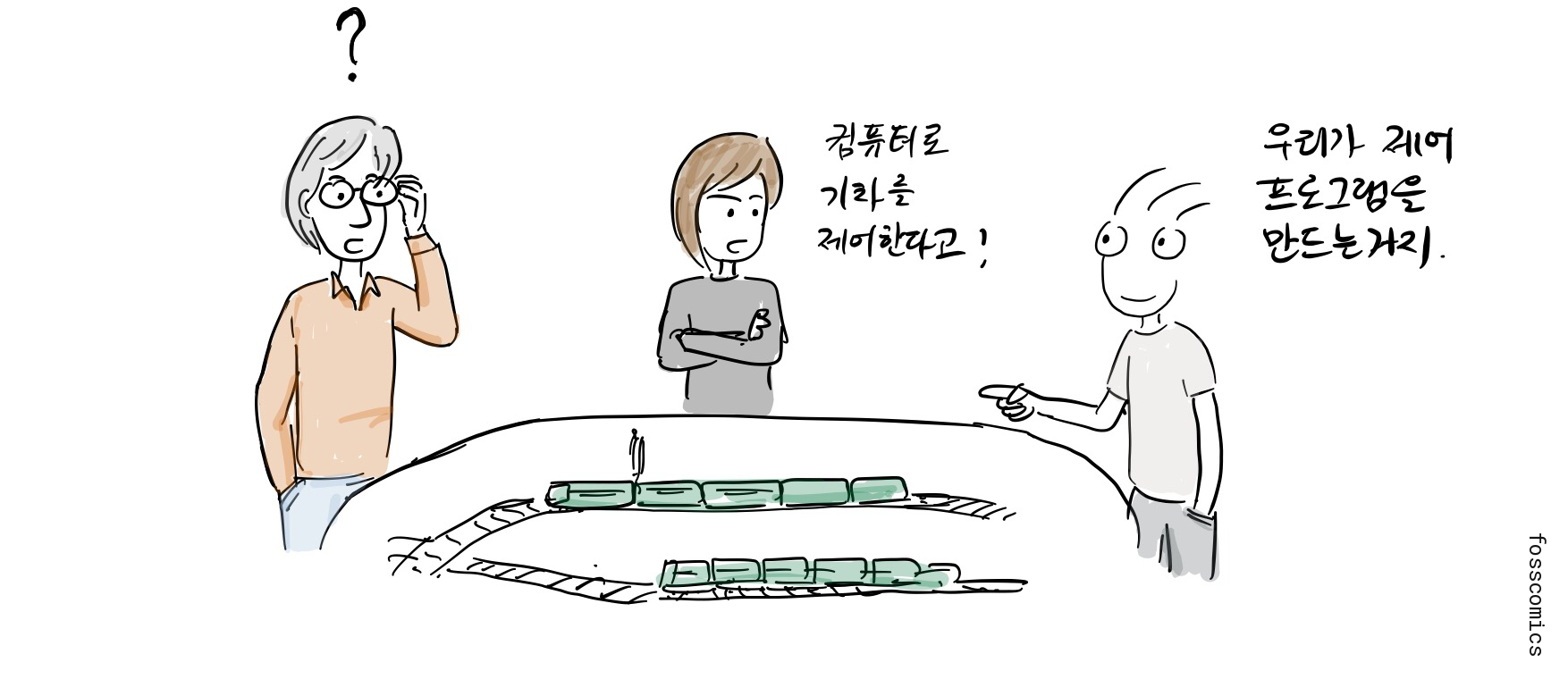 한 회원이 컴퓨터로 모형 기차를 제어할 프로그램을 만들자고 제안한다.