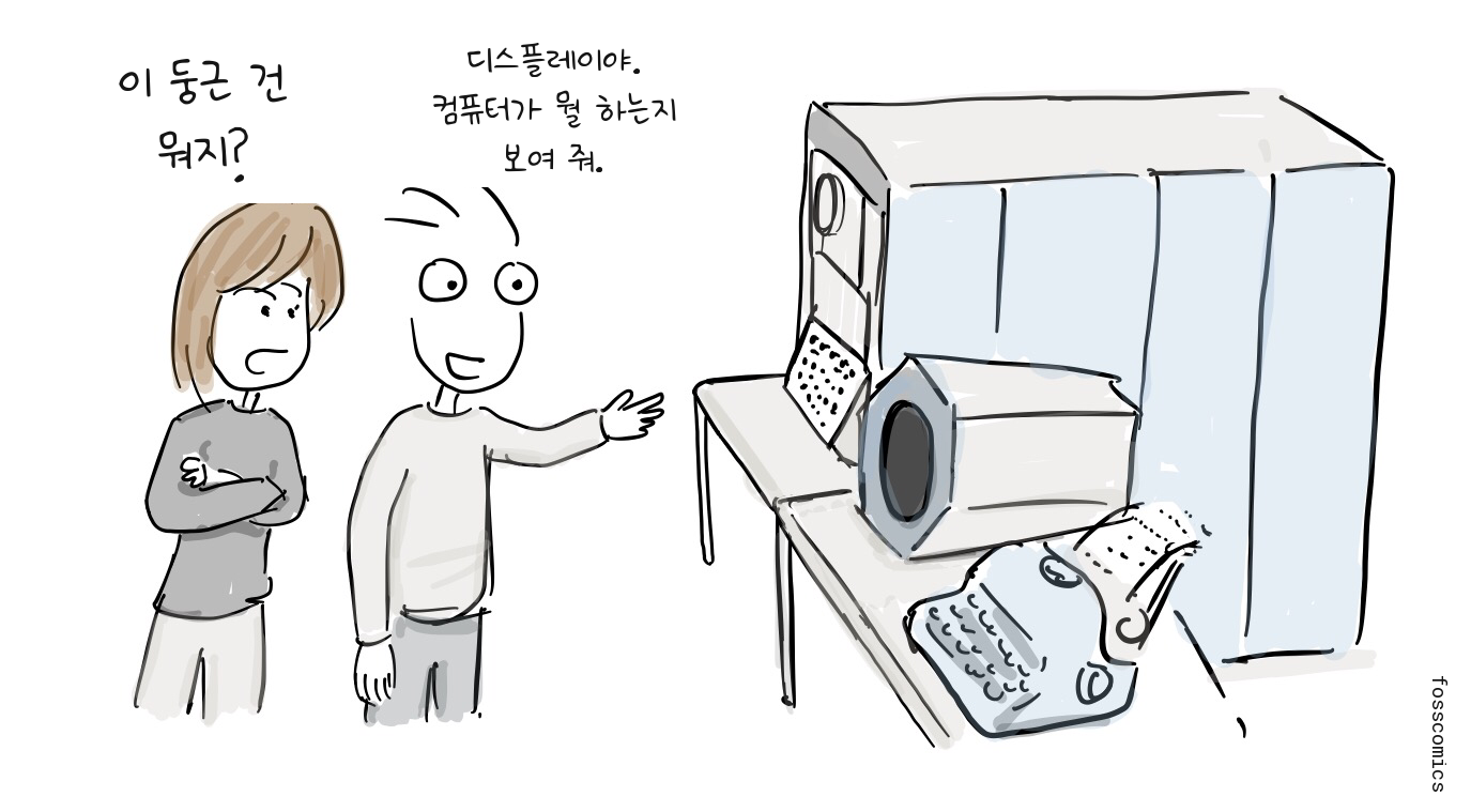 한 회원이 PDP-1의 둥근 디스플레이를 가리키자 다른 회원이 호기심 어린 표정으로 바라본다.