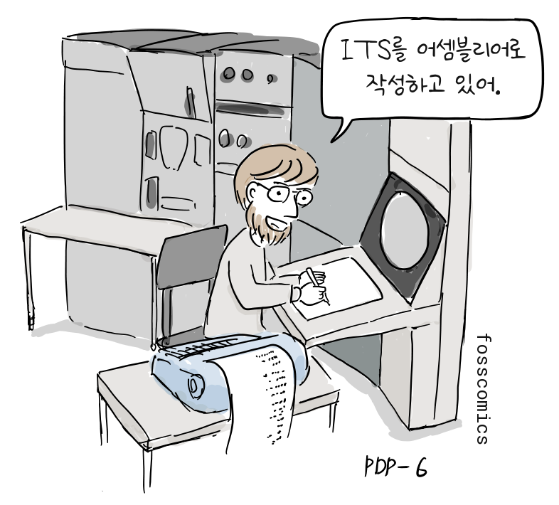 프로그래머가 PDP-6 콘솔과 종이테이프 판독기 옆에서 어셈블리 코드를 작성한다.