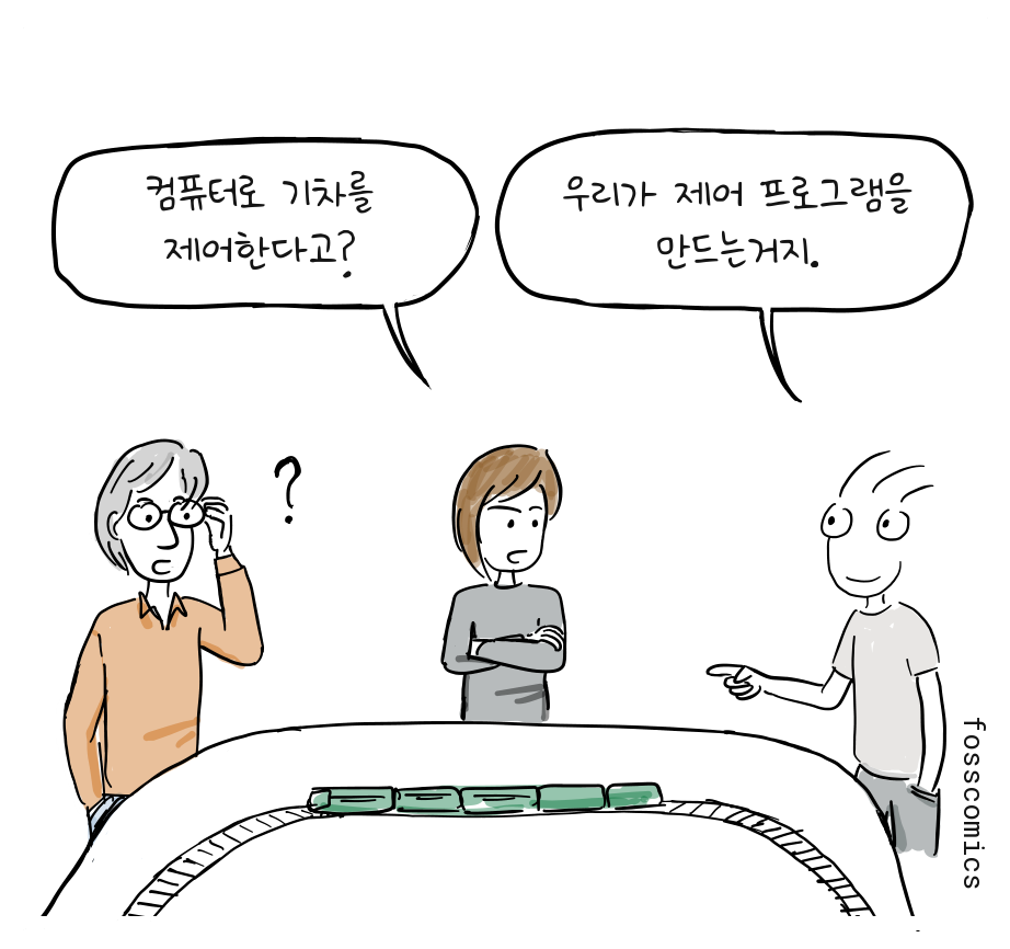 한 회원이 컴퓨터로 모형 기차를 제어할 프로그램을 만들자고 제안한다.