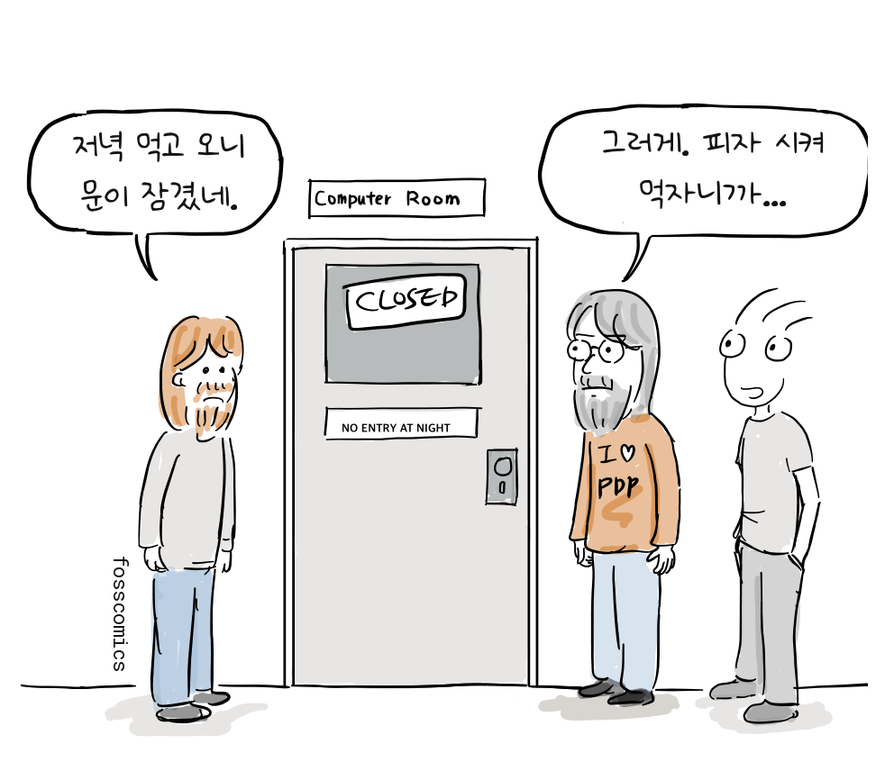 프로그래머 세 명이 야간 출입 금지 안내가 붙은 잠긴 컴퓨터실 문 앞에 서 있다.