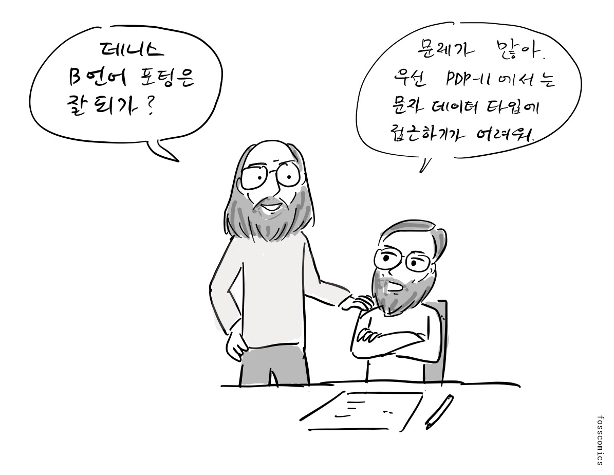 톰프슨이 리치에게 B 언어 포팅 진행 상황을 묻는다.