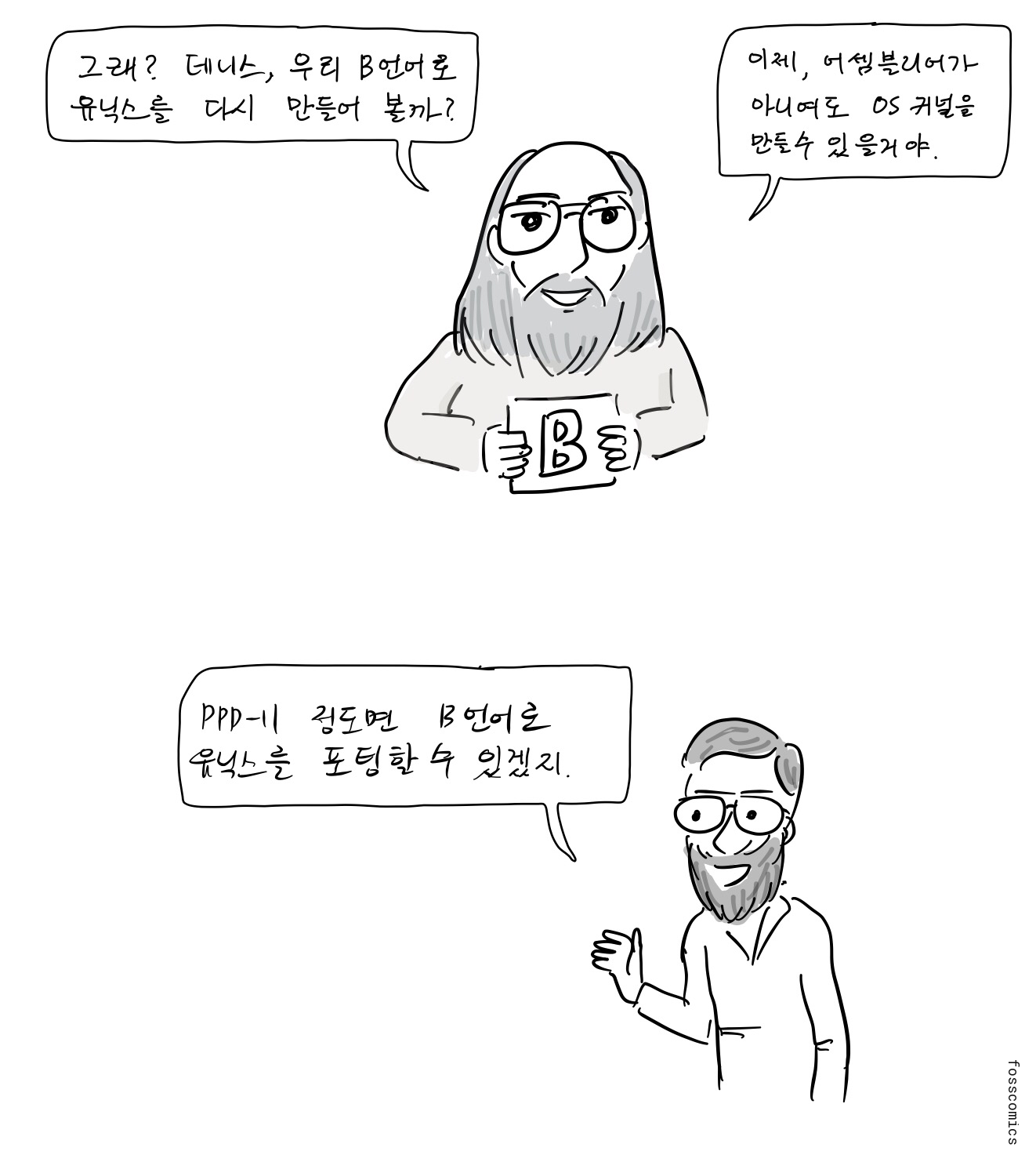 톰프슨이 B라고 적힌 종이를 들고 유닉스 재작성을 제안하고, 아래에서는 리치가 PDP-11 포팅 문제를 설명한다.