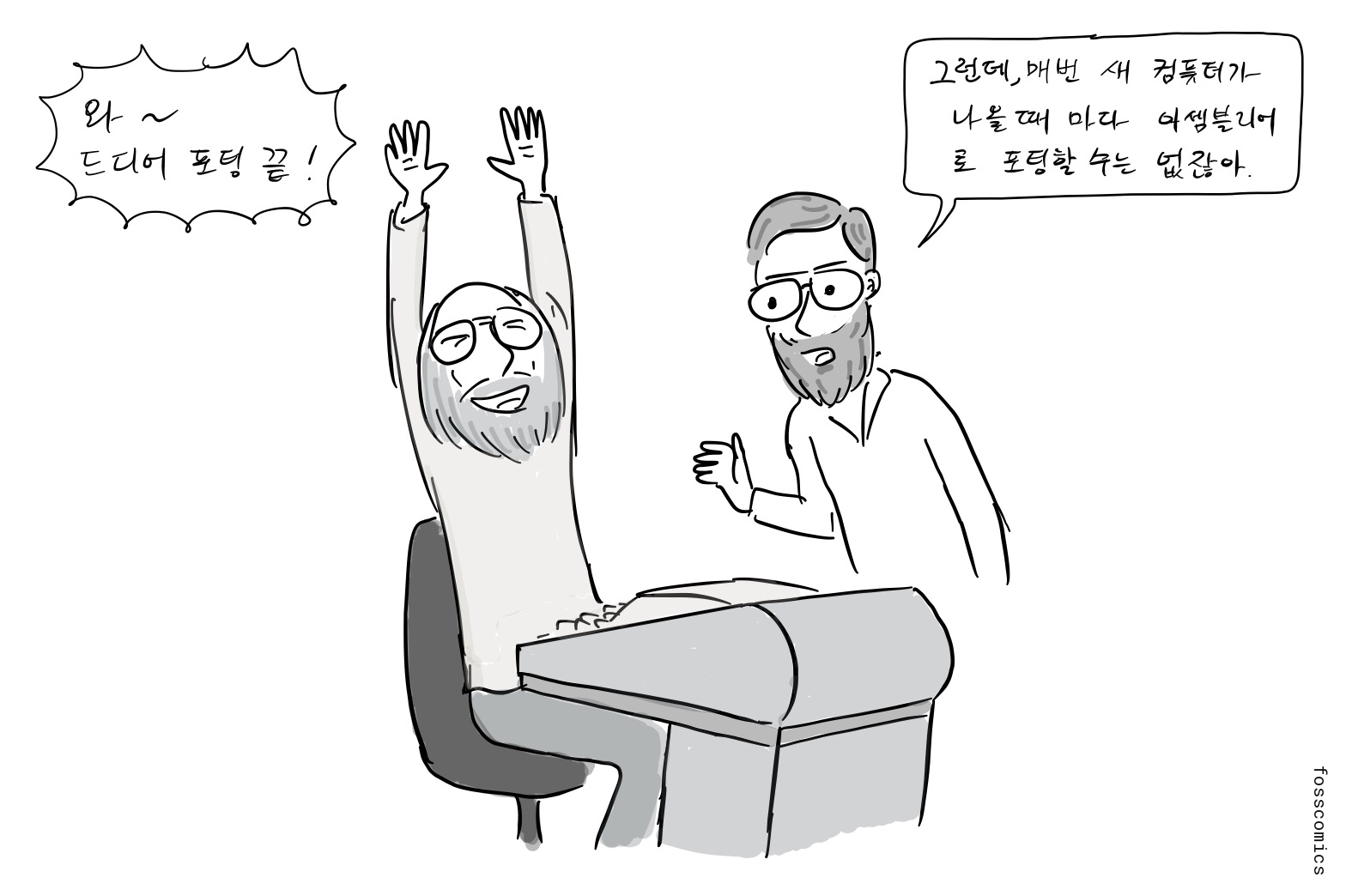 톰프슨이 포팅 완료를 기뻐하고 리치는 새 컴퓨터마다 어셈블리어를 다시 쓸 수 없다고 말한다.
