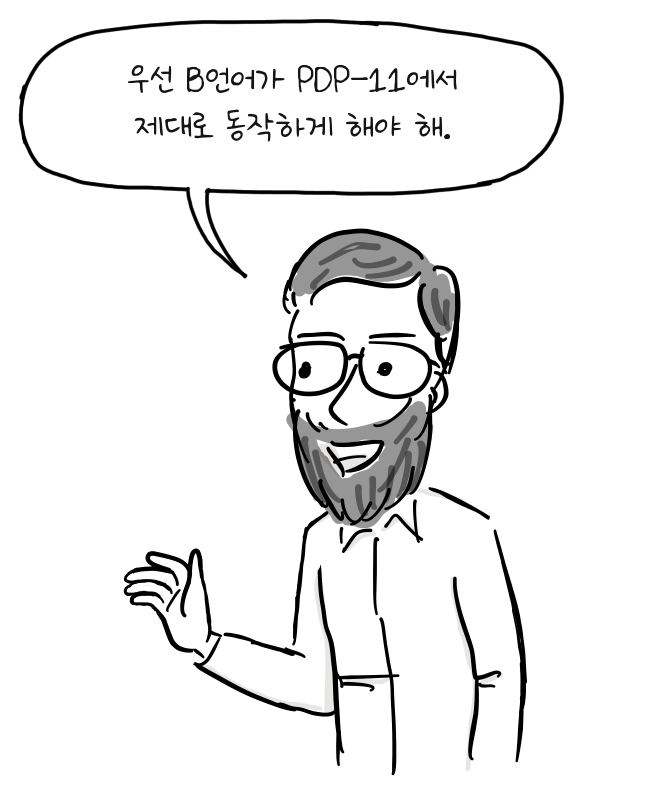 리치가 손짓하며 PDP-11에서 B언어가 제대로 동작하도록 만드는 일을 설명한다.