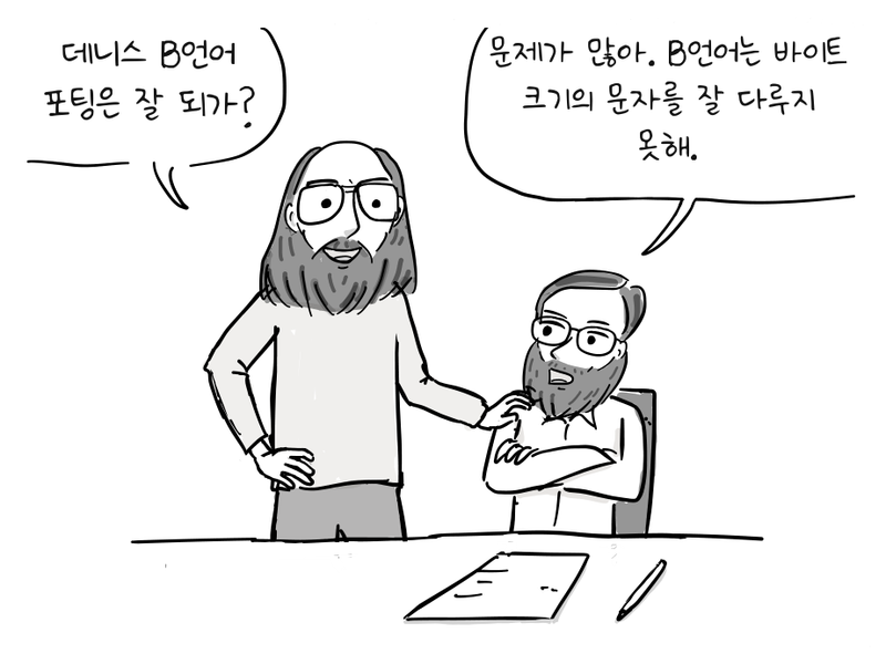 톰프슨이 리치에게 B 언어 포팅 진행 상황을 묻는다.