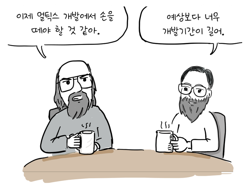 벨 연구소 프로그래머 두 명이 커피를 마시며 멀틱스 프로젝트를 이야기한다.