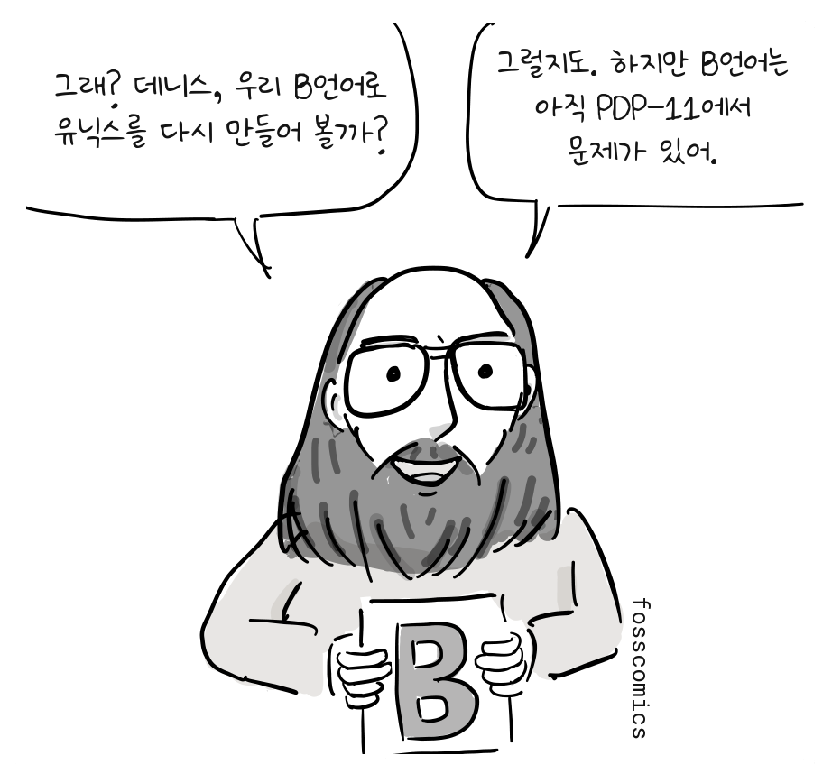 톰프슨이 B라고 적힌 종이를 들고 유닉스 재작성을 제안한다.