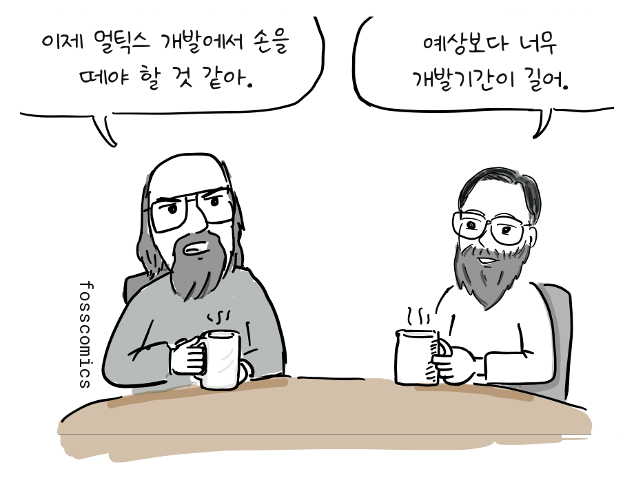 벨 연구소 프로그래머 두 명이 커피를 마시며 멀틱스 프로젝트를 이야기한다.
