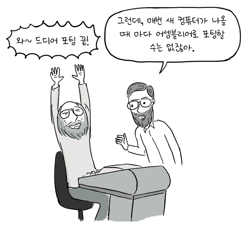 톰프슨이 포팅 완료를 기뻐하고 리치는 새 컴퓨터마다 어셈블리어를 다시 쓸 수 없다고 말한다.