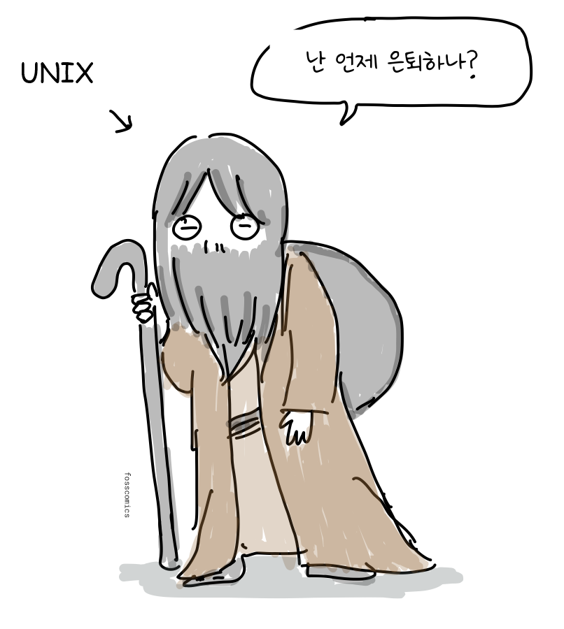 지팡이를 짚은 수염 긴 노인 모습의 유닉스가 지친 표정을 짓고 있다.