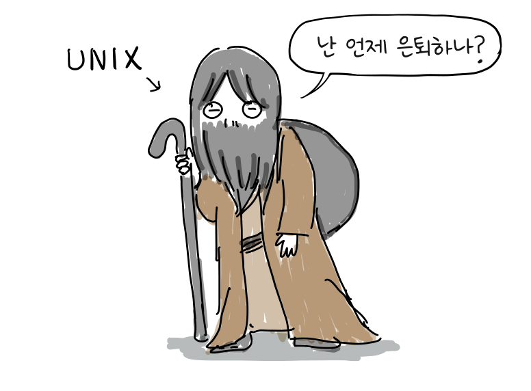 지팡이를 짚은 수염 긴 노인 모습의 유닉스가 지친 표정을 짓고 있다.