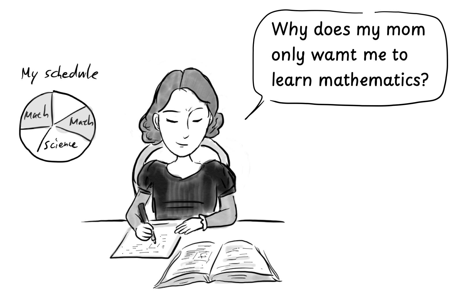 Text image: Ada, with a puzzled expression, says, "Why does my mom only want me to learn mathematics?"